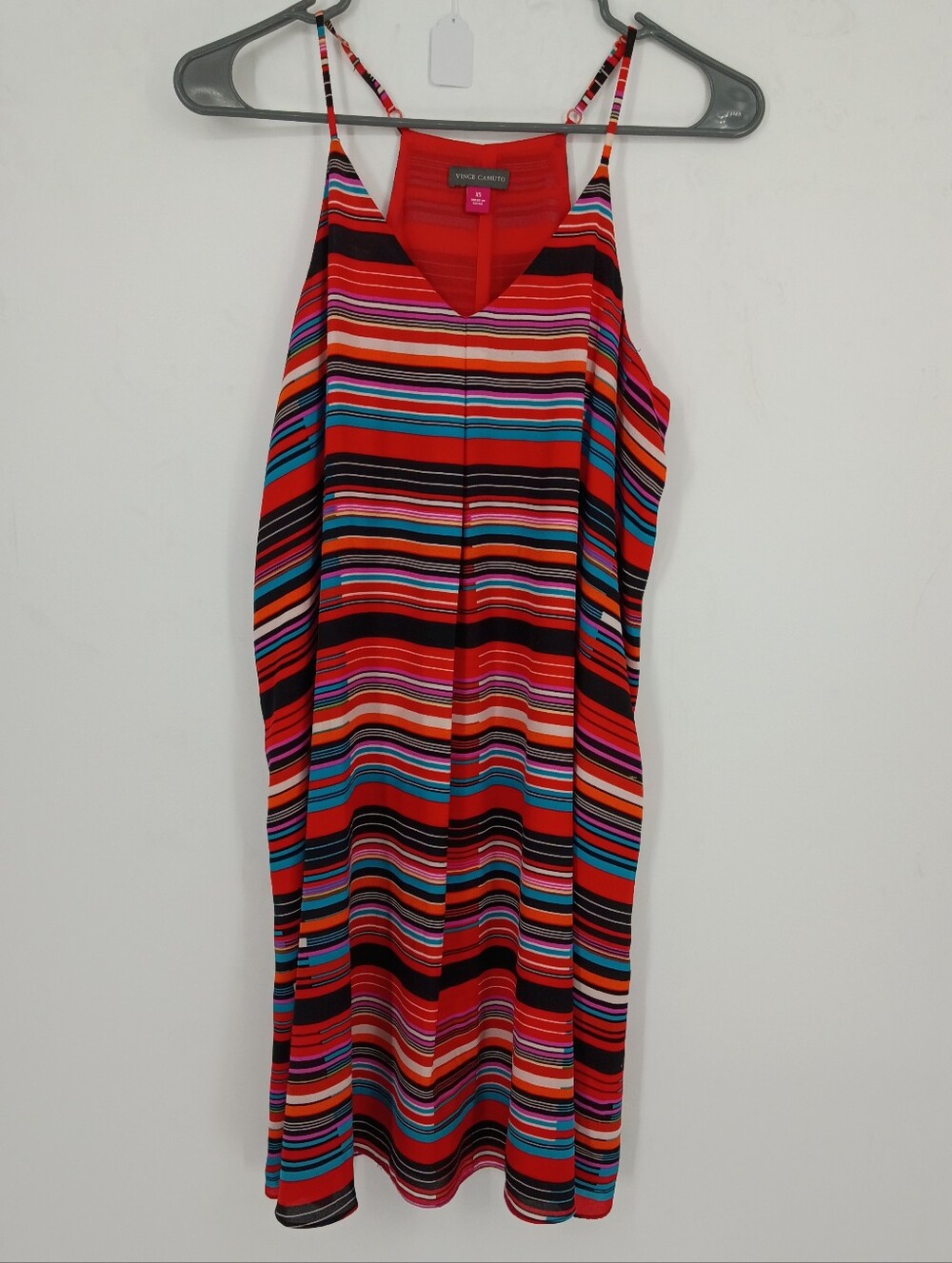 Vince Camuto Red Black Pink Striped Spaghetti Strap Midi Dress